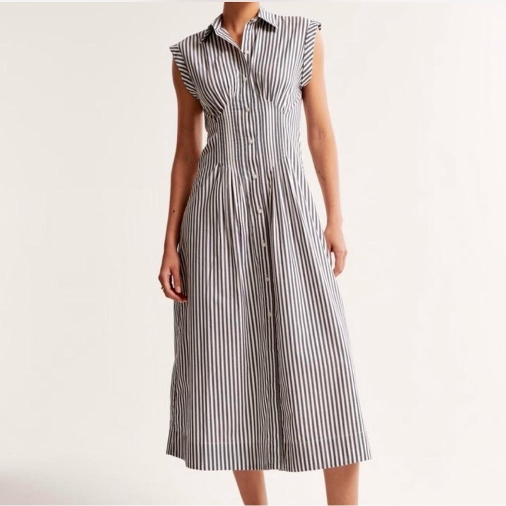 Abercrombie & Fitch Black and White Striped Midi Shirt Dress